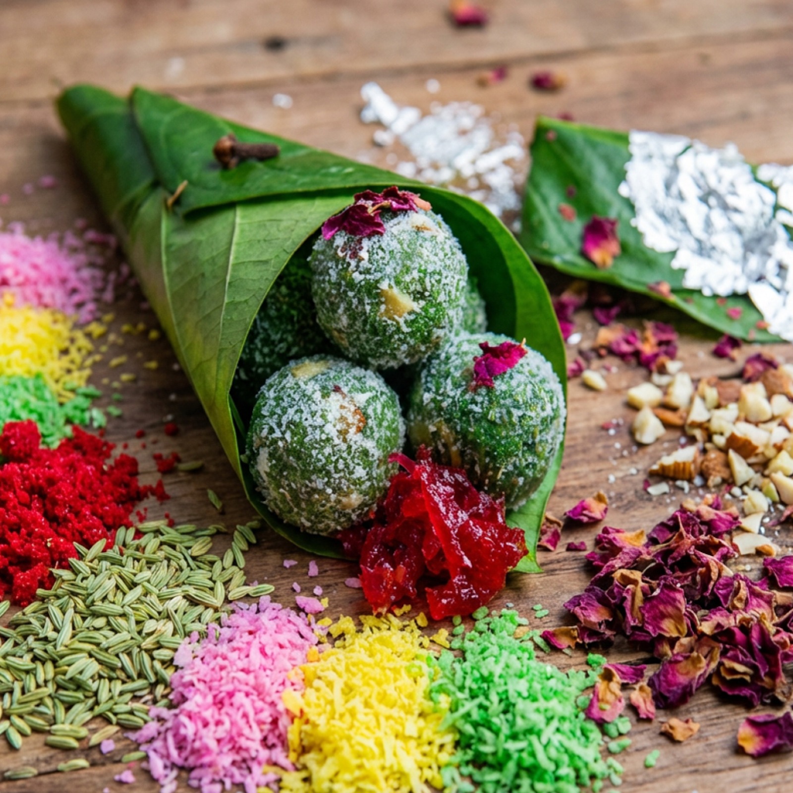 Sweet Dakhni Paan cones with colorful fennel and coconut.
