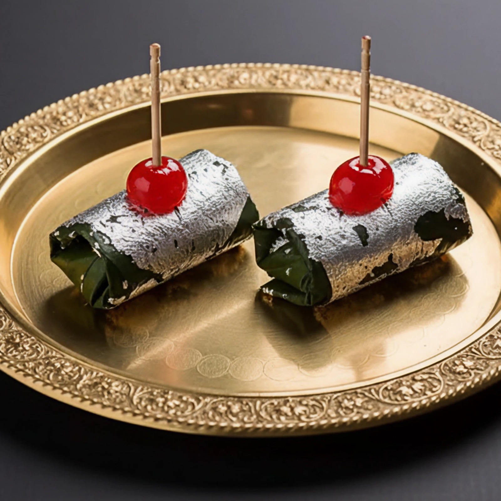 Silver-leaf coated premium Paan on a brass tray.